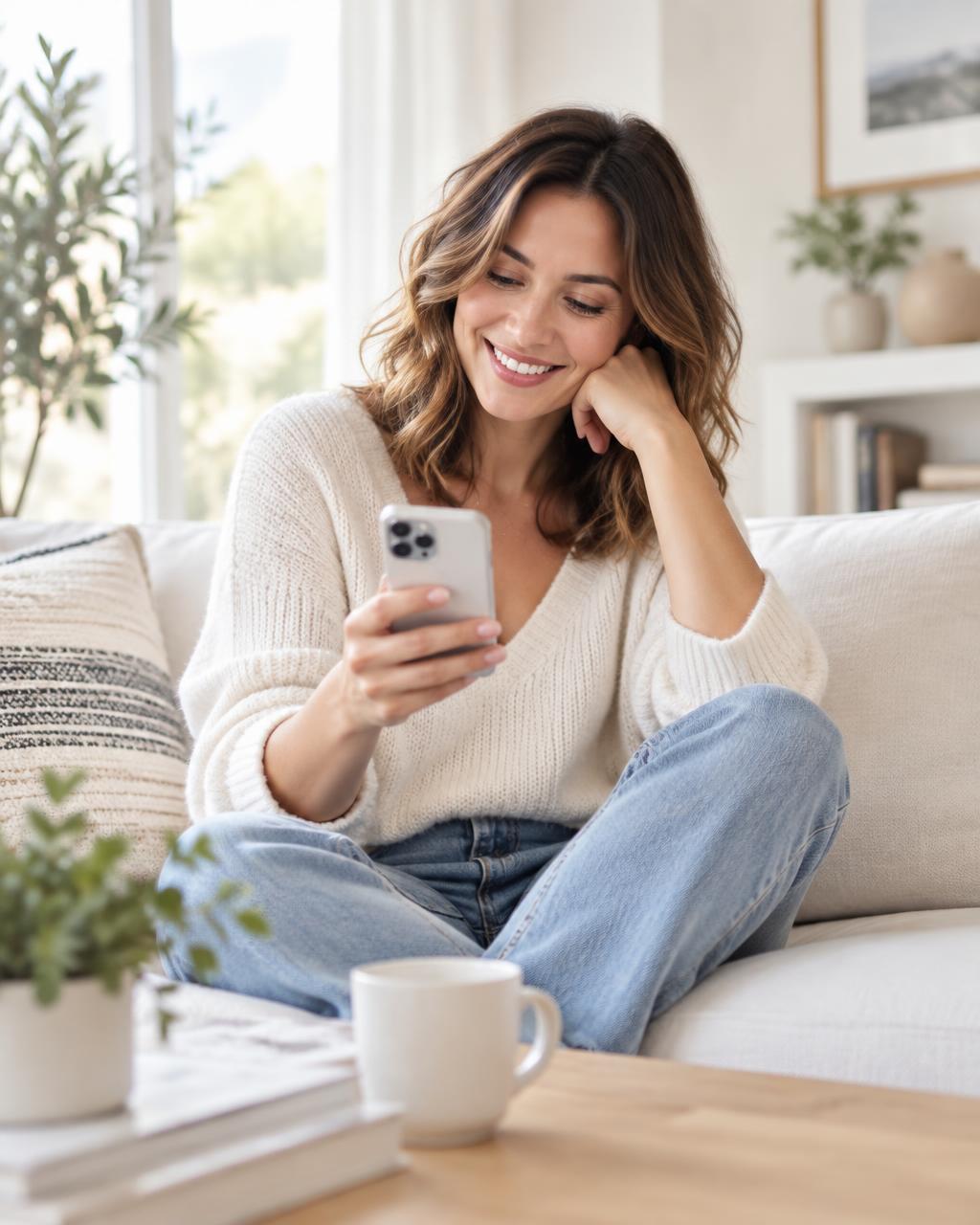 Paziente sorridente seduta sul divano mentre prenota la visita dal telefono